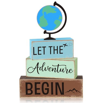 GlikCeil 4 Pcs Adventure Awaits Tiered Tray Decor Earth Day Adventure Wood Table Decoration Travel Party Centerpieces for World Bon Voyage Travel Around The World Party Home Office Desk Shelf Decors - style: Earth