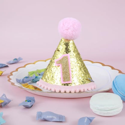 Bremorou Sprinkle 1st Birthday Hat, Pink Birthday Party Hats For Kids, Pink and Golden 1st Birthday Crown, First Birthdays Cake Smash Party Hats Birthdays Glitter Cone Hats for Girl Party Photo Props