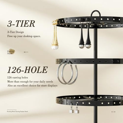 3 Tiers Metal Rotating Earring Holder Organizer Stand Adjustable Display Tree, 126 Holes Large Carousel Rack for Stud Hoop Pierced Dangling Women Girls, Perfect View for All Earrings (Black) - color: Black