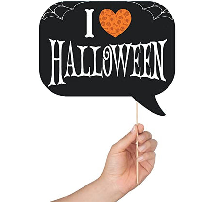Halloween Photo Booth Props - 41-pc Kit With 8 x 10-Inch Sign, 60 Adhesive Pads, and 45 Sticks - Photobooth Decorations and Selfie Props