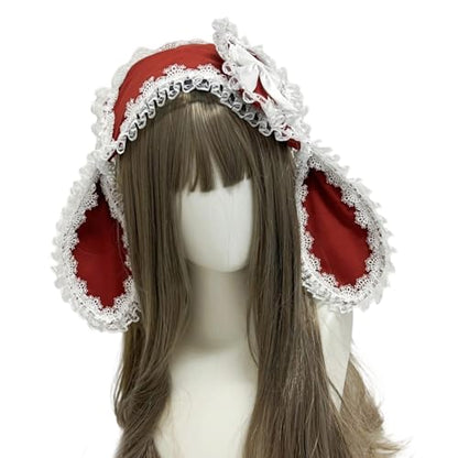 Rabbits Ears Hairband Photo Props Easter Hair Hoop Hairband Party Headpiece Fun Headbands for Music Festival - color: Wine Red & White Lace