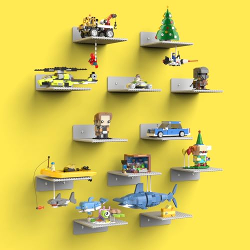BlissBox 12-Pack Floating Display Shelves for Wall Compatible with Lego Building Bricks, 5 × 5.5 Inch Dual-Sided 16 × 17 Studs for Brick Storage and Display, ABS Display Shelf for Room Decor, Gray - color: Grey