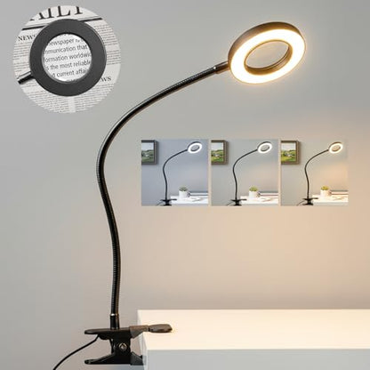LALISU Clip on Lamp, 5X Magnifying Glass with Light LED Desk Lamp with Clamp Bright Clip Light for Bed Bedside Table, Adjustable Reading Light for Bed, Desk Lights (Black with Magnifying) - color: Black with magnifying