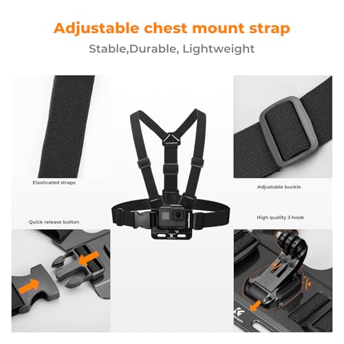 K&F CONCEPT Accessories Set for GoPro Hero 13/12/11/10/9/8/7/6/5/4/DJI Osmo Action Series/Pocket 3/2/Insta360 X4/X3, Chest Strap Harness+Backpack Clip+360° Rotating Head Strap Mount and Wrist Strap