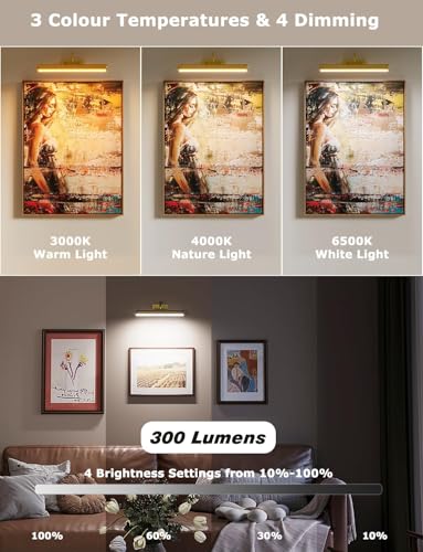Picture Light Battery Operated, 13in Wireless Art Light for Paintings, Dimmable 5000mAh Recharging Battery Picture Light with Remote Control for Wall, Gallery Dartboard Art Bedroom (Gold-2PACK) - color: Gold, size: 2Pack-13in