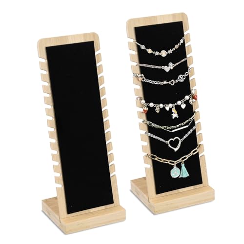 MOOCA 2 Pcs Set Bamboo Freestanding Small Necklace Bracelet Holder Stand for Multiple 12 Necklaces or Bracelets, Jewelry Display Stand, Black Color, 3.9W x 3.6D x 10.4H in - color: Black, Small 2 Pieces