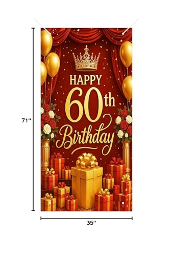 HOMETITUTE 60th Birthday Door Cover 71x35 Inch Red and Gold Birthday Banner for Party Decorations Gift Backdrop Sign with Crown and Balloons for Women Men Wall Party Supplies - color: Red and Gold Gifts