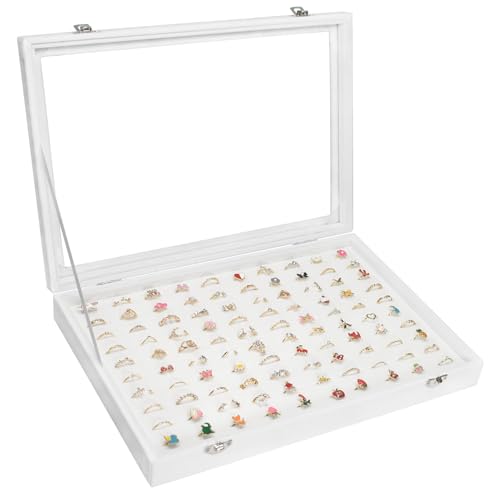Vicoter Rings Organizer Tray 100 Slot Velvet Ring Earring Storage Box TranSparent Cover Jewelry Store Ring Display Box Jewelry Display Cabinet for Girl Wife Mother - color: Ivory
