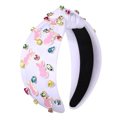 NVENF Easter Headbands for Women Beaded Rabbit Bunny Headband White Pink Crystal Pearl Knotted Hairband Happy Easter Accessories Spring Holiday Headwear Outfits Gifts (Bunny C - White) - color: Bunny C - White