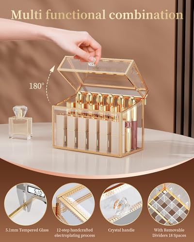 CoralHouse Lipstick Organizer,Luxury Tempered Glass Lipstick Holder & Nail Polish Organizer, 18-Slot Vanity Cosmetic Organizer with Removable Dividers, Gold - color: Gold