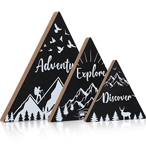 Jetec 3 Pcs 3 Size Wooden Mountain Sign for Cabin, Rustic Mountain Wall Decor, Adventure Camping Cabin Decor Sign for Living Room Bedroom Shelf Decoration(Black) - color: Black
