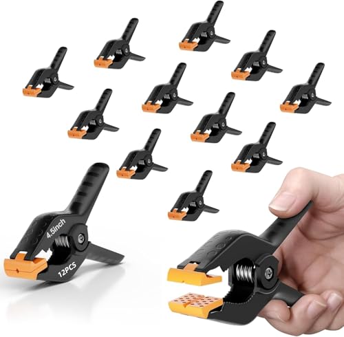 EMART 12 Pack Heavy Duty Spring Clamps 4.5 Inch Plastic Large Professional Backdrop Clips Clamps for Backdrop Stand, Pool Cover, Photography Studio, Balloon arch, Woodworking, Crafts, Tarp, Photoshoot - color: Black and Yellow, size: 4.5inch