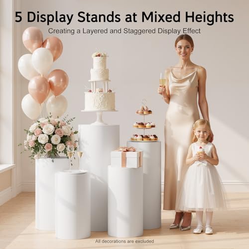 5PCS Round Pedestal Stands, White Iron Table Display Pillars, Wedding Party Art Decor Display Column for Patios, Corridors and Entrances (20-35.5in Round) - size: 20-35.5in Round