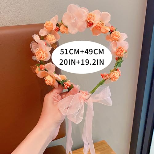 Adjustable Flower Crown Headband for Women - Floral Garland Hair Wreath with Crystal Accents Perfect for Weddings Flower Wands Photo Props (Pink Flower Green, Adjustable) - color: Pink Flower Green