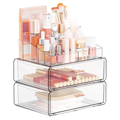 Yieach Clear Acrylic Makeup Organizers Countertop for Dresser,Desk,Bathroom Vanity,3 Tier Stackable Make up Holders and Makeup Cabinet,Tiered Cosmetic Storage and Make up Containers for Palette,Brush - size: 2 Drawers