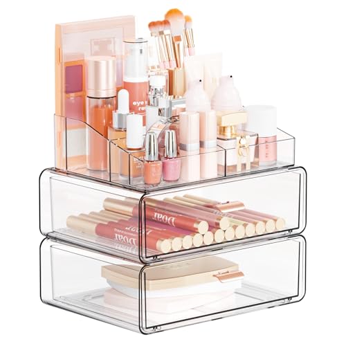 Yieach Clear Acrylic Makeup Organizers Countertop for Dresser,Desk,Bathroom Vanity,3 Tier Stackable Make up Holders and Makeup Cabinet,Tiered Cosmetic Storage and Make up Containers for Palette,Brush - size: 2 Drawers