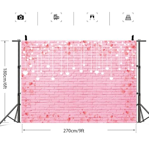 9x6ft Pink Brick Wall Backdrop Pink Love Heart Brick Texture Photography Background for Valentine's Day Bridal Shower Wedding Potrait Photo Booth Props - size: 9x6ft