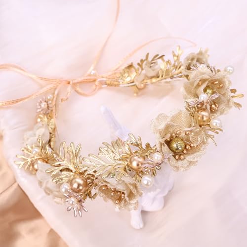 Adjustable Flower Crown Headband for Women - Floral Garland Hair Wreath with Crystal Accents Perfect for Weddings Flower Wands Photo Props (Gold Flower Pearl, Adjustable) - color: Gold Flower Pearl