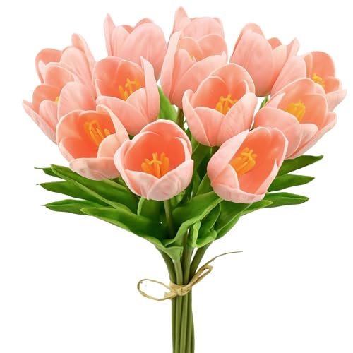 Mandy's Light Pink Partially Open Artificial Tulips Flowers Centerpiece, 13.5" Lifelike PU Fake Floral Stems 12pcs for Kitchen Island & Dining Table, Spring Decor for Easter - color: Light Pink Partially Open Tulips 12