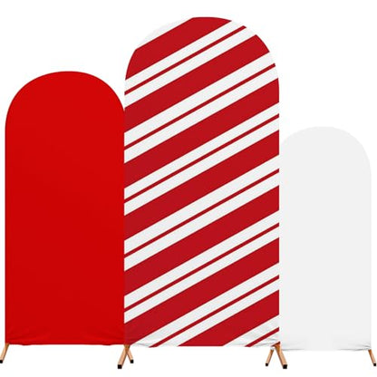 Tingjoo Set of 3 Christmas Party Arch Backdrop Cover Christmas Photo Background Checkered Red Stripe Background Spandex Arch Stand Cover for Xmas Party Birthday Decoration