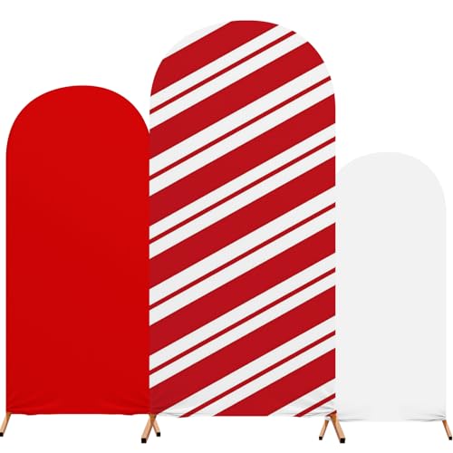 Tingjoo Set of 3 Christmas Party Arch Backdrop Cover Christmas Photo Background Checkered Red Stripe Background Spandex Arch Stand Cover for Xmas Party Birthday Decoration