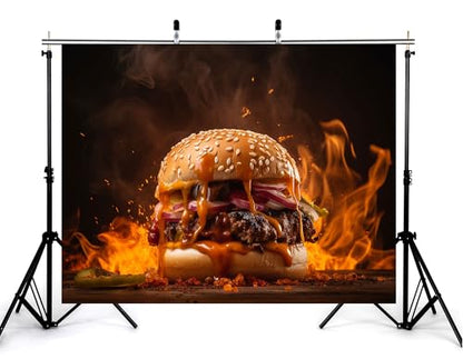 9x6ft Fiery Sauce Burger Backdrop Blazing Flame Photography Background for Restaurant Menu and Food Shoot Decorations Tapestry Photo Booth Props - size: 9x6ft