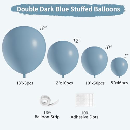 Double Dusty Blue Stuffed Balloons Different Size 115Pcs 5/10/12/18" Slate Blue Balloon Arch Garland kit for Birthday Baby Shower Bridal Shower Gender Reveal Wedding Theme Party - color: Dark Dusty Blue
