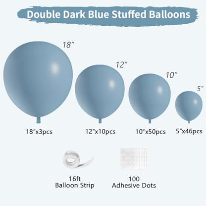 Double Dusty Blue Stuffed Balloons Different Size 115Pcs 5/10/12/18" Slate Blue Balloon Arch Garland kit for Birthday Baby Shower Bridal Shower Gender Reveal Wedding Theme Party - color: Dark Dusty Blue