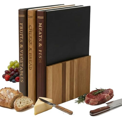 3 Piece Book Shaped Cutting Board Set with Wooden Stand, Solid Acacia Wood Chopping Boards for Kitchen, Decorative Library Design Gift for Cooking