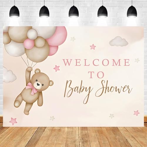6x4ft Bear Baby Shower Backdrop Brown Pink Hot Air Balloon Photography Background Sky Cloud Star Welcome to Baby Shower Decorations Pregnancy Announcement Portrait Photo Booth Prop - color: color 1, size: 6x4ft