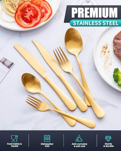 24-Pieces Matte Gold Silverware Set with Steak Knives,Stainless Steel Flatware Set,Cutlery Set Service for 6, Tableware Kitchen Utensil Set,Dishwasher Safe - color: Matte Gold, size: 24 Pieces Set