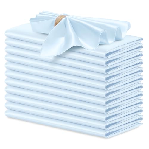 P Pothuiny 12 Pcs Silky Light Blue Satin Napkins 17 x 17 Inches, Square Smooth Wedding Dinner Napkins Satin Cloth Napkins Table Napkins for Banquet Party Restaurant Decor, Thanksgiving, Christmas - color: Light Blue