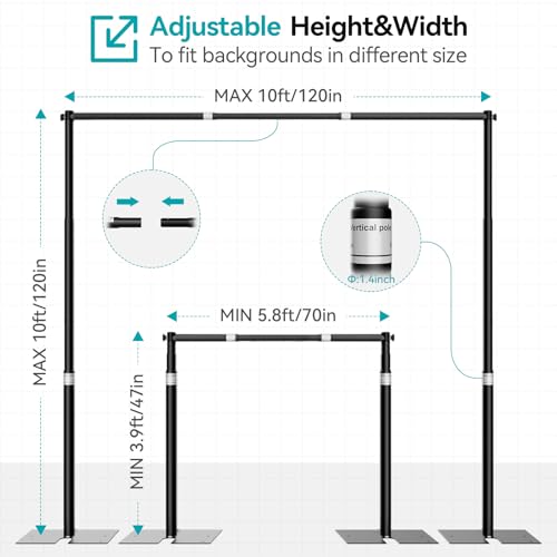 10x10ft Pipe and Drape Stand Kit, Adjustable Heavy Duty Backdrop Stand with Metal Steel Flat Base, Large Extendable Sturdy Photo Background Stand Frame for Wedding Parties Banner Photography - size: 10x10ft