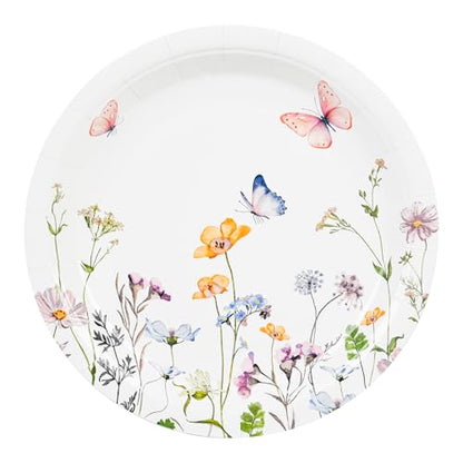 AimFun 24 Pcs Wildflower Paper Plates Watercolor Floral Disposable Party Dessert Plate 7" Rustic Botanical Butterflies Plates for Spring Summer Bridal Baby Shower Tea Party Supplies