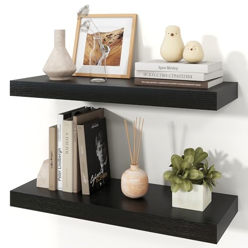 Floating Shelves for Wall, 9.3" Deep Wall Mounted Wood Shelves for Bathroom, Bedroom, Living Room, Kitchen, Hanging Shelf for Books/Storage/Room Decor (Black, 24") - color: Black, size: 24" Set of 2