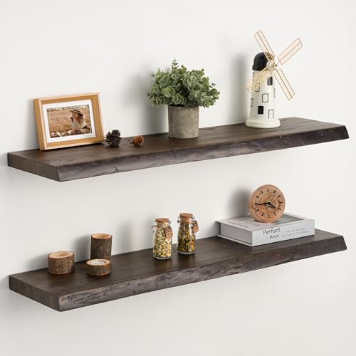 Floating Shelves Set of 2, Solid Elm Wood Wall Shelves 32 Inch - Invisible Bracket Mount for Living Room, Bedroom, Kitchen, Bathroom - Natural - color: Dark Brown, size: 32"L, 2-Pack