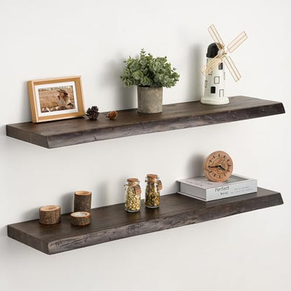 Floating Shelves Set of 2, Solid Elm Wood Wall Shelves 32 Inch - Invisible Bracket Mount for Living Room, Bedroom, Kitchen, Bathroom - Natural - color: Dark Brown, size: 32"L, 2-Pack