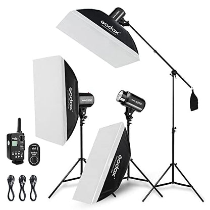 Godox 750W Professional Studio Strobe Flash Light Kit, 3-Light Godox Strobe Lighting Kit for Photography, 3x250W 5600K Monolights with Strobe Trigger, Softbox, Light Stands, Boom Arm