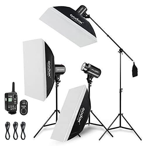 Godox 750W Professional Studio Strobe Flash Light Kit, 3-Light Godox Strobe Lighting Kit for Photography, 3x250W 5600K Monolights with Strobe Trigger, Softbox, Light Stands, Boom Arm