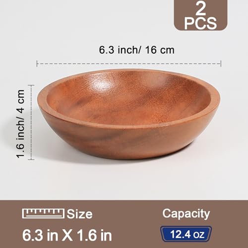 Acacia Wood Serving Bowls, 6 Inch Handcrafted Wooden Individual Bowls Set of 2 for Food/Soup/Salad/Pasta, Use as Snack Holder Plate for Kitchen and Dining - size: D 6.3'' x H 1.6''