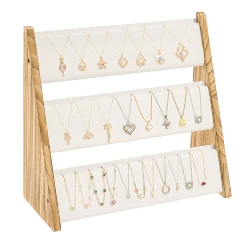 Necklace Holder, 3 Tier Necklace Organizer Stand with White Velvet, Wood Necklace Display Stands for Selling, Jewelry Display Stand for 72 Necklaces Bracelets (Brown) - color: White and Brown, size: 1 Pack