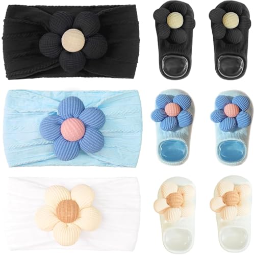 CÉLLOT Baby Girl Headband and Socks, Non-Slip Floral Socks and Soft Floral Nylon Hairbands for Babies Infants and Toddlers(White,Blue,Black) - color: White+Blue+Black
