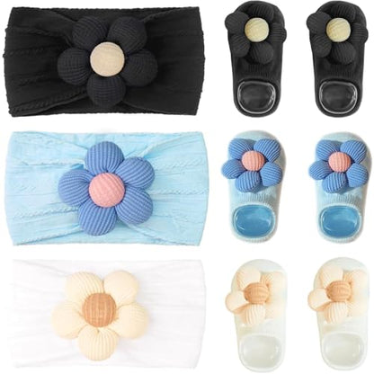 CÉLLOT Baby Girl Headband and Socks, Non-Slip Floral Socks and Soft Floral Nylon Hairbands for Babies Infants and Toddlers(White,Blue,Black) - color: White+Blue+Black