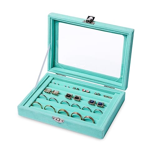 Frebeauty Rings/Earring Organizer Tray with Clear Lid,7 Slots Ring Box Velvet Ring Holder Drawer Insert Jewelry Storage Box Jewelry Display Case Jewelry Box Gift for Women and Girls(Turquoise,7 Slots) - color: Turquoise, size: 7 Slots