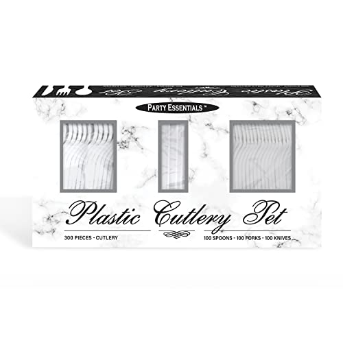 Party Essentials Medium Weight Plastic Cutlery Combo Set, Includes Knives/Forks/Spoons, 300 Pieces/100 Place Settings, Clear - color: Clear
