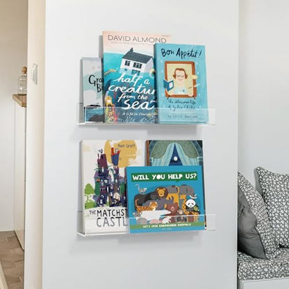 NIUBEE 16.5-Inch Acrylic Floating Bookshelves, 2-Pack, Clear Modern Wall Shelves for Child/Toddler， Invisible Ledge Book Shelves for Nursery/Kids Room/Playroom/Small Spaces. - size: 16.5inches