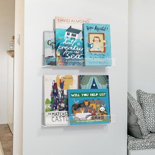 NIUBEE 16.5-Inch Acrylic Floating Bookshelves, 2-Pack, Clear Modern Wall Shelves for Child/Toddler， Invisible Ledge Book Shelves for Nursery/Kids Room/Playroom/Small Spaces. - size: 16.5inches