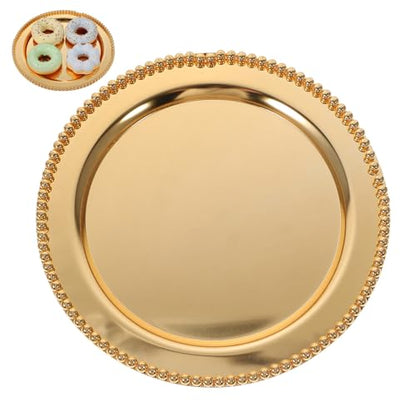 UKCOCO European Style Metal Fruit Dish Beaded Edge Mirror Finish 25cm Gold Food Serving Tray Dessert and Snack Display Plate for Home Storage and Photography Props