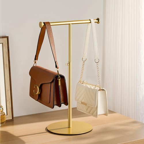 niffgaff T Bar Purse Display Stand Tabletop: Adjustable Height Handbag Holder, Countertop Hanging Rack for Long Necklace Scarf Lanyard, Gold - color: Gold