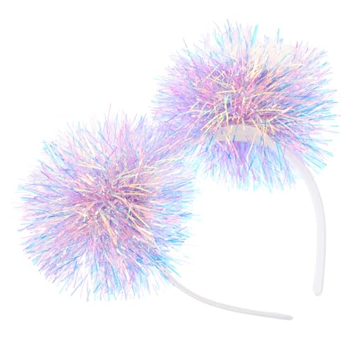 Beavorty Foil Strips Headband with Pom Pom Fluffy Balls - Tinsel Head Bopper Cosplay Hair Accessory - color: Purple